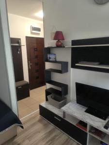 a living room with a tv and some shelves at Apartman Točaković in Kladovo