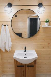 a bathroom with a sink and a mirror at Podhalańskie Chaty in Rokiciny Podhalanskie
