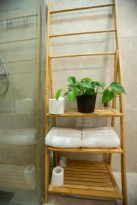 a wooden shelf with a plant in a bathroom at Villa Kokona Private Pool Sea View in Sophtadhes +26 photos