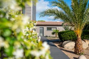 a house with a palm tree in front of it at Résidence Pierre & Vacances Premium Vesna Rossa in Porto-Vecchio