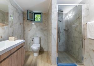 a bathroom with a shower and a toilet at Pappous workplace in Skiathos +33 photos