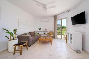a living room with a couch and a tv at Einalia Holiday Homes by the Beach in Kardamaina