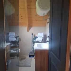 a bathroom with a white sink and a door at Korijeni in Šavnik