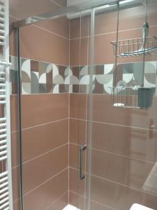 a bathroom with a shower with a glass door at La petite maison in Marchampt