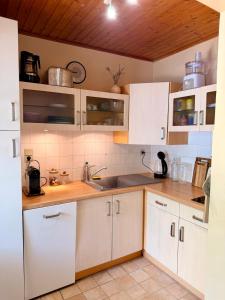 a kitchen with white cabinets and a sink at La cabane les pieds dans l'eau, accès direct au lac d'Annecy in Doussard