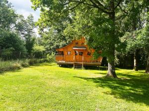 a wooden cabin in a yard with a tree at Les Jardins de Valinor in Thénezay
