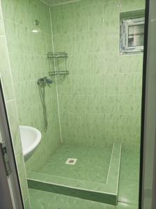 a green tiled bathroom with a shower with a sink at All Home in Cholpon-Ata