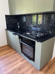 a kitchen with a stove and a counter top at Melnragė Dunes Apartment in Melnragė