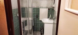 a small bathroom with a shower and a sink at Zajazd-Restauracja ELZA in Kutno +18 photos