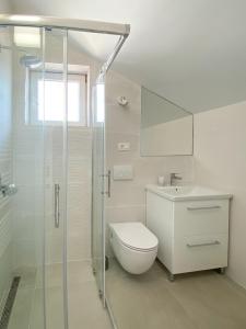 a bathroom with a shower and a toilet and a sink at Apartmani Zora in Primošten +27 photos