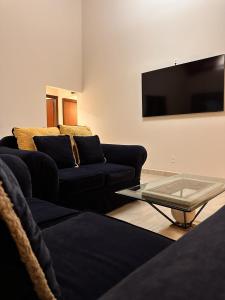 a living room with two couches and a flat screen tv at Pousada Jamacaii in Araxá