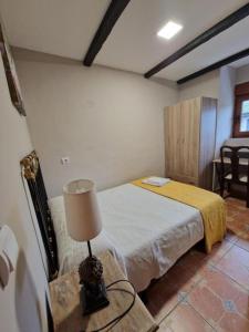 a bedroom with a bed with a lamp on a table at Casa Rústica Mariana in Lubián