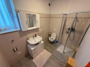 a bathroom with a sink and a shower and a toilet at Casa Lina in Cavalese