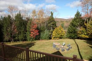 a yard with chairs and a picnic table in the grass at Kaaterskill Mountain House - 287 Acres with Fire Pit in Elka Park