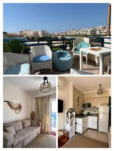 a collage of pictures of a living room and a kitchen at Remas resort in El Alamein