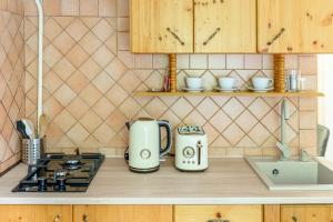 a kitchen counter with two appliances sitting on a stove at Kaposvár Deluxe Apartman in Kaposvár +20 photos
