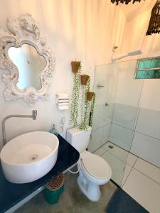 a bathroom with a sink and a toilet and a mirror at Studio Havaí - Village Capixaba in Gravatá +8 photos