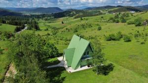 a house in a field with a green roof at Vila Zeleno borje in Žabljak