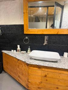 a bathroom counter with a sink and a mirror at ART Sattal in Bhīm Tāl