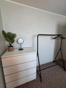 a dresser with a mirror and a plant on it at Lake Breeze Stay in Liepāja