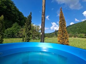 a blue barrel with a tree in the background at Escape Remeti - Aframe by the River in Remeţi