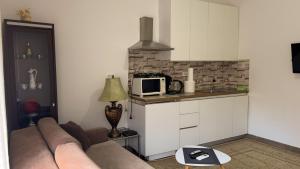 a living room with a couch and a microwave at Cozy spacious apartment in Peje