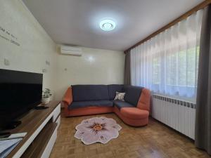 a living room with a couch and a flat screen tv at Apartmaji I&E in Sežana