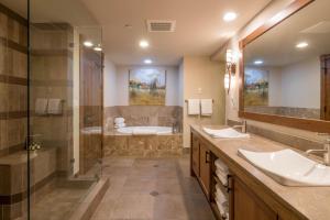 a bathroom with a shower and a sink and a tub at Chilali 25 in Ketchum