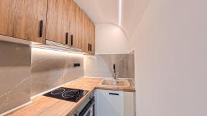 eine Küche mit Holzschränken und einer Spüle in der Unterkunft Bastasio Youth Studio in Thessaloniki