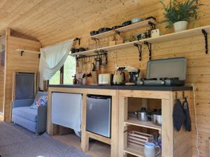 a kitchen in a log cabin with a stove and a tv at Glamping Maringotka77 in Protivec