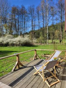 a wooden deck with a chair and a table at Glamping Maringotka77 in Protivec +10 photos