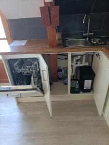 an open cabinet in a kitchen with a sink at Le Petit Manoir Vaillac in Fonmourenne