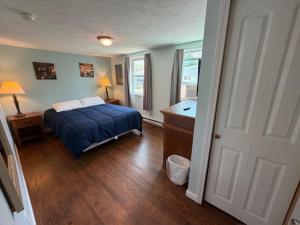 a bedroom with a bed and a desk in it at Strip Location Pet Friendly Fire Pit in Geneva