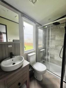 a bathroom with a toilet and a sink and a shower at Hardy's Hut in Felton