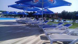 a row of chairs and umbrellas next to a pool at CHARLOTTE STUDIOS BY BLAXY RESORT Olimp in Olimp