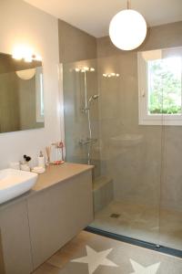 a bathroom with a shower and a sink at Chambre confortable Piscine Maison EtxeCosy in Bidart +11 photos