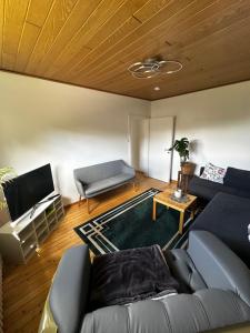 ein Wohnzimmer mit Sofa und Tisch in der Unterkunft Haus Adele Ferienwohnung in Lengerich mit Schwimmteich Am Teutoburger Wald in Lengerich