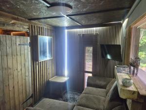 a room with a couch and a table and a tv at Froglets island cabin in Bexley