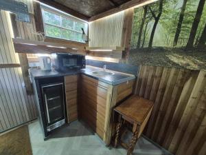 a small kitchen with a sink and a microwave at Froglets island cabin in Bexley