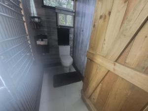 a bathroom with a toilet and a wooden door at Froglets island cabin in Bexley +7 photos