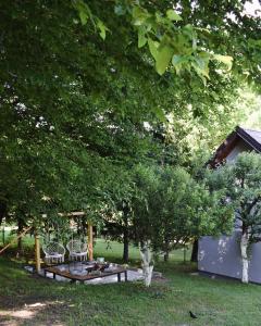 a park with a picnic table and chairs under trees at Vikendica Farah in Gaj