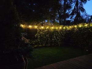 a fence with lights on it at night at Apartament Przystań in Łeba +56 photos