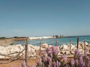 a fence on a beach with rocks and purple flowers at Malvasia rooms in Brindisi