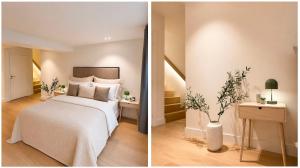 two pictures of a bedroom with a bed at The Frogner Park Townhouse with 2 garages in Oslo