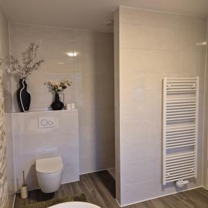 a bathroom with a toilet and a vase of flowers at Landwiese in Landkern +14 photos