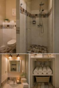 two pictures of a bathroom with a shower and a toilet at Evergreen Residence VárLak in Debrecen