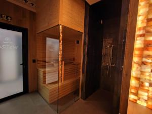 a walk in shower with a glass door in a room at Apartamenty Etno Pieniny in Jaworki