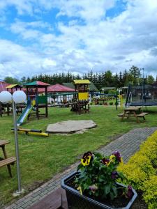 a park with tables and benches and a potted plant at Hacjenda in Redło
