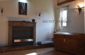a living room with a fireplace and a tv at Romantisches SM Apartment Secret Passion in Fehmarn
