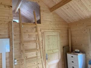 a room with a wooden wall with a ladder at Tiny House Seeblick in Casel